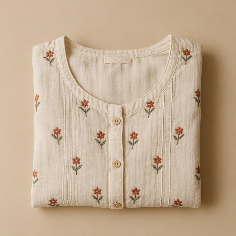 Blusa creme com flores bordadas